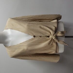 Zara V Neck Buttoned Tie Front Striped Long Sleeve Top Womens Medium Linen Blend